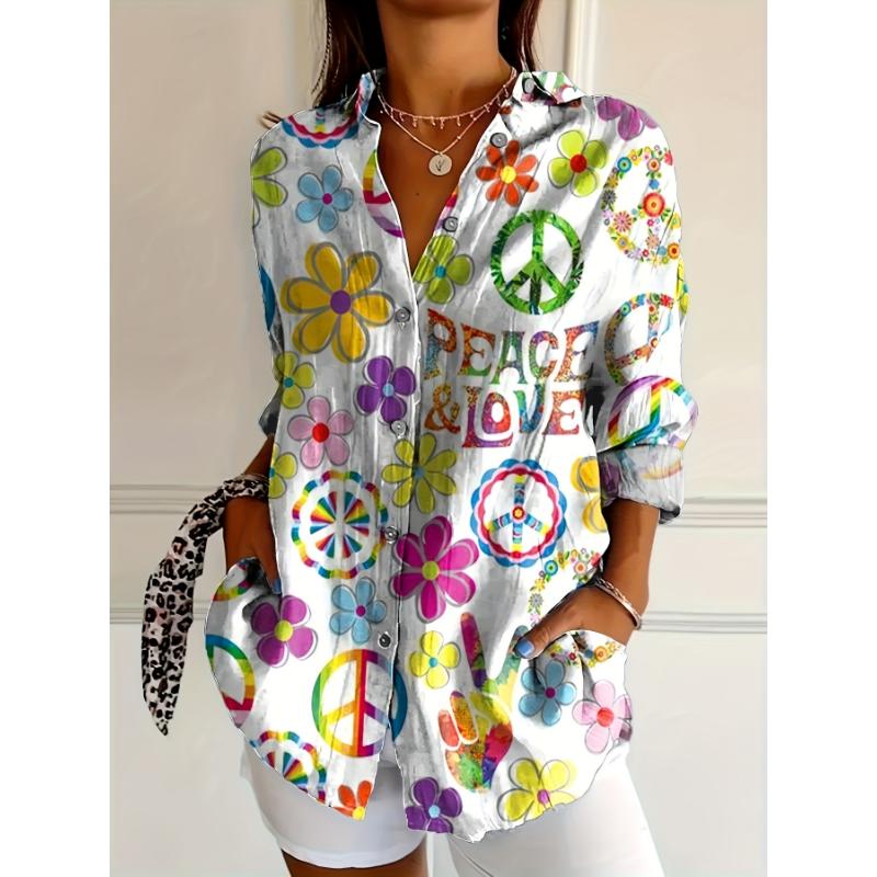 Women's Hippie Floral Print Peace Love Print Long Sleeve Shirt - Casual Button-Up with Vibrant Flower Design, Machine Washable, All-Season Wear, Casual Wear | Peace Symbol Design | Silklike Texture Women's