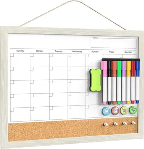 Calendar Whiteboard for Wall, 17x13 Inches Whiteboard Calendar Cork Board Combo, Small Magnetic White Board with Wood Framed, Hanging Dry Erase Board for Kitchen Home Office School Planner