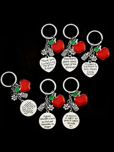 6 Piece Stainless Steel Apple Keychain Set, Teacher Appreciation Gift, Cute Cartoon Character Design, Perfect for Teachers' Day