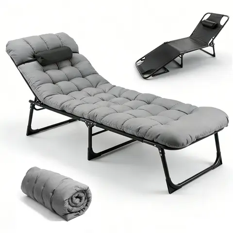 56cm Portable Foldable Camping Bed - Durable Metal+Cotton 3-Fold Compact Camping Gear Furniture, Stable Triangle Frame Support, 178cm×65cm×14cm, 3 Backrest Positions, 2 Leg Positions, No Mat, Foldable Seating, 330lb Capacity