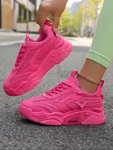Women's Breathable Mesh Lightweight Sneakers, Thick Sole Height-Boosting Casual Shoes, All-Season Textile Upper, Rubber Sole, Plain Pattern, Trendy Walking Sneaker