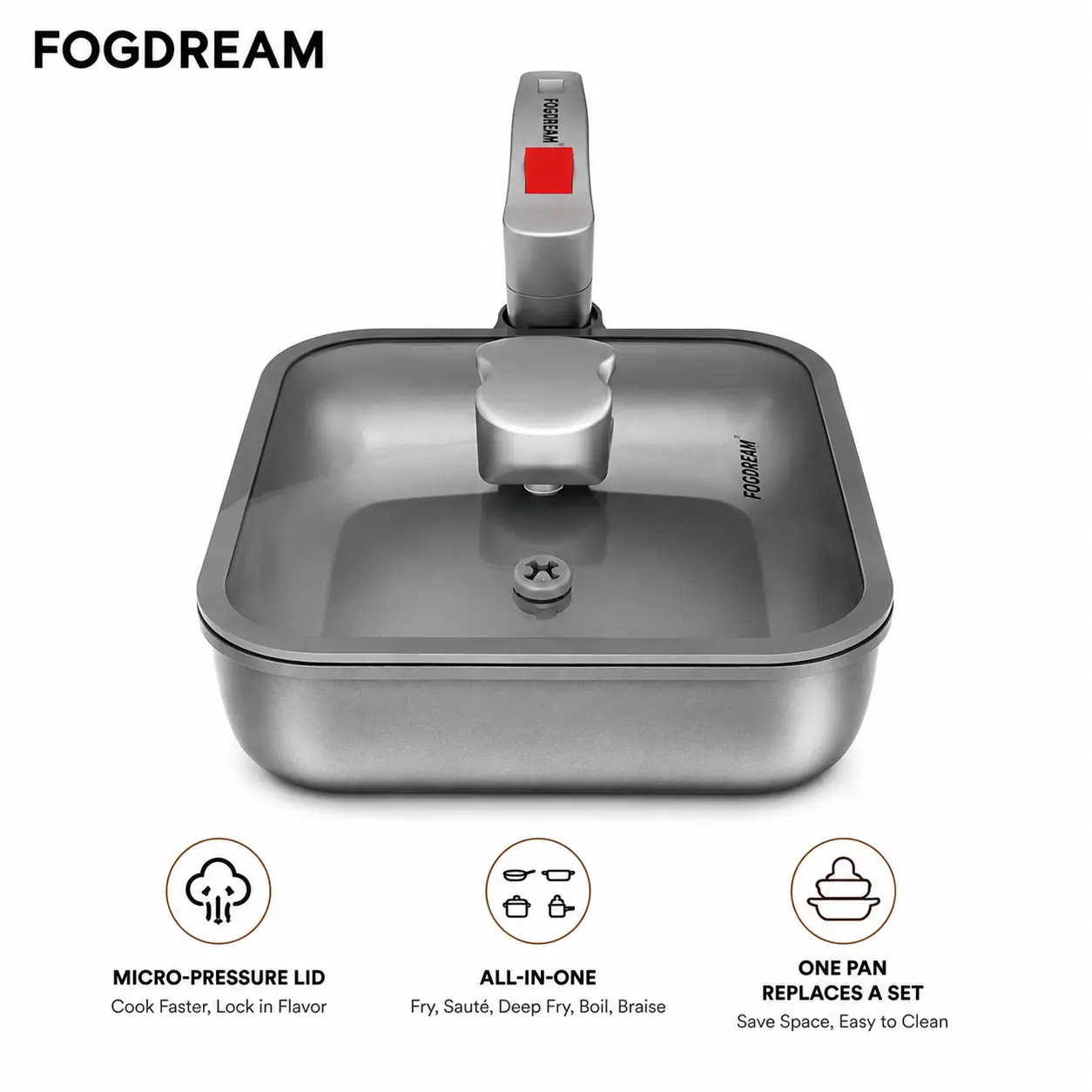 Fogdream Nonstick Titanium Cookware Frying Pan Skillet - 360° Swivel Stay-Cool Handle, Micro-Pressure Glass Lid, 3-Section Deep Design, Thermal Rapid Heat Conduction, Induction Compatible, Space-Saving for Healthy Meal Prepping (Oil & Dish-Friendly)