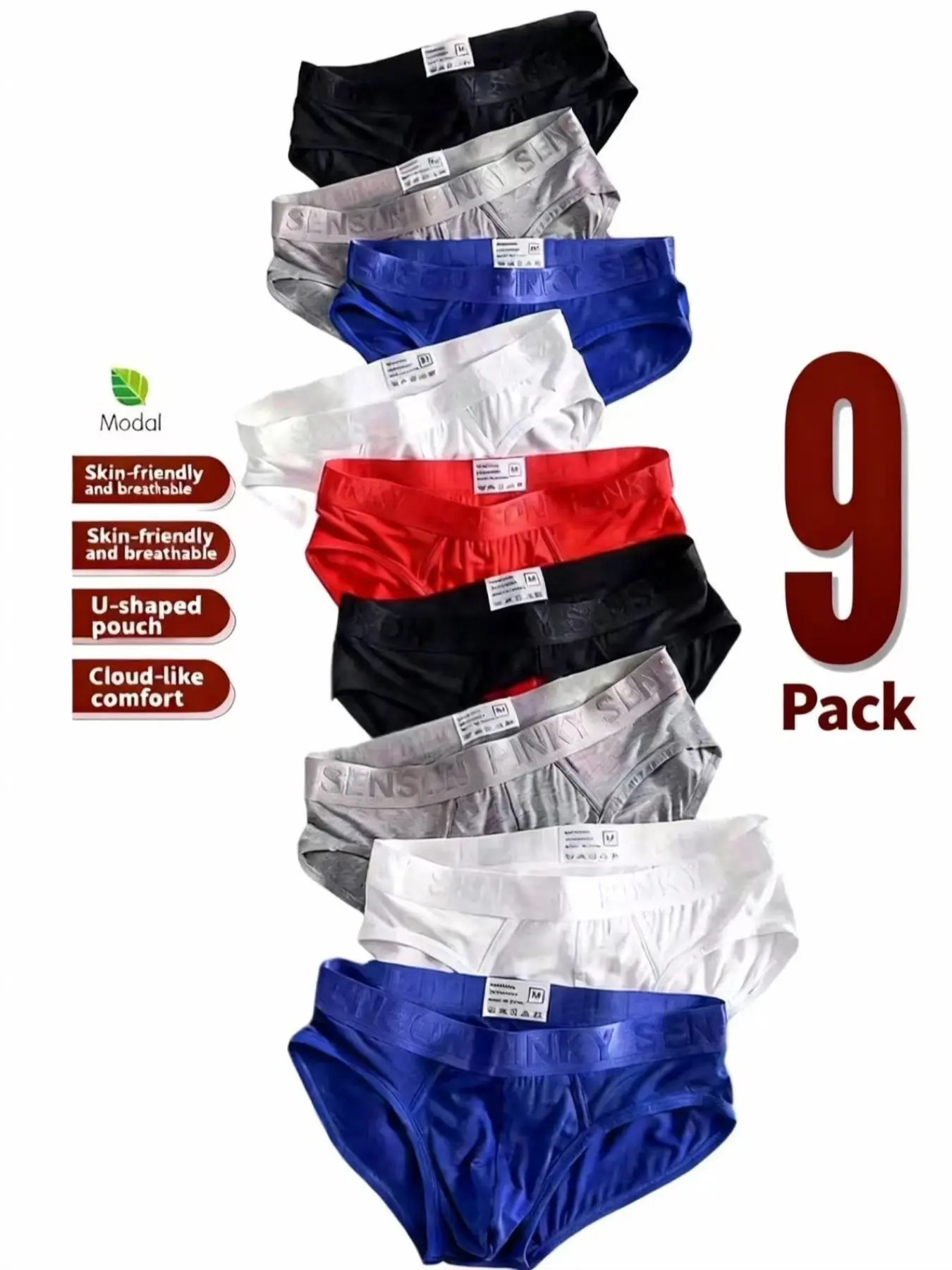 Men's 9-Pack Triangle Underwear, Plain, Breathable Modal Fabric, Comfortable and Sweat-Resistant, All Seasons, Casual Fitted Style