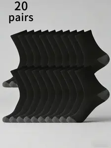 20 Pairs Men's Black Crew Socks, Comfortable & Durable Breathable Socks, Athletic Socks, All-Season Business Casual Essential, Basic Black Design with Reinforced Heel & Toe, Suitable for Sports, A Must-Have for Daily Outfits