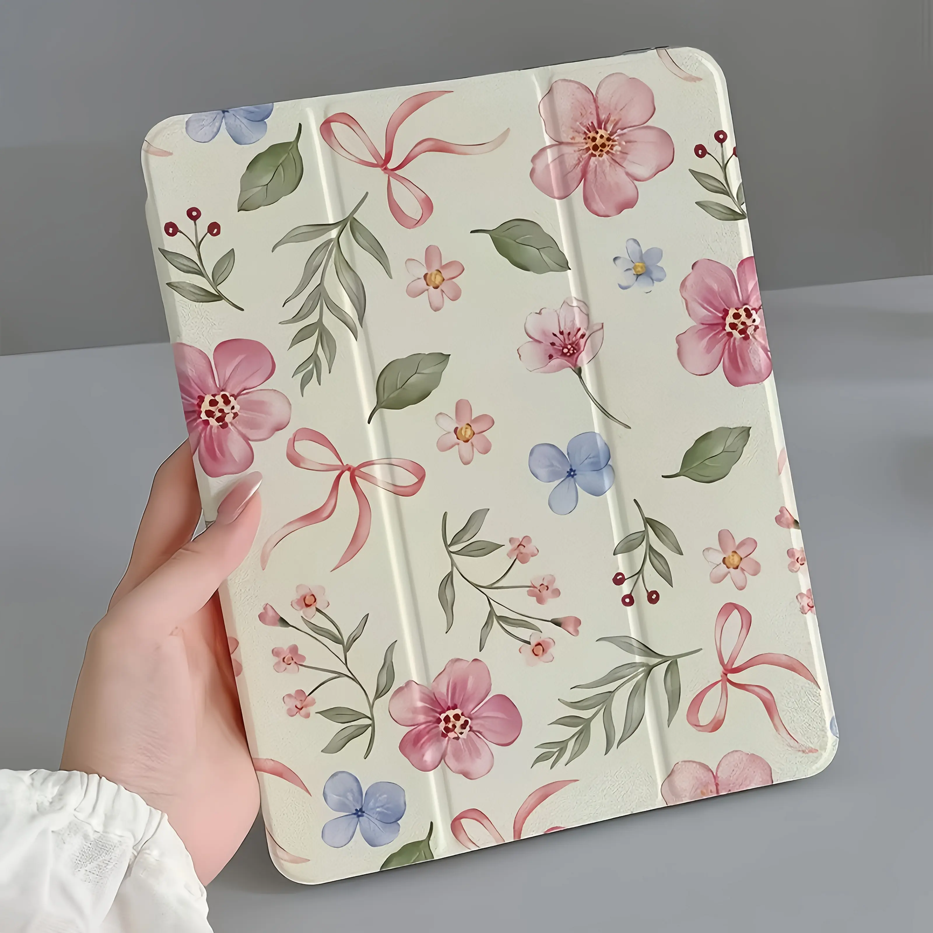 Pink Flower Folding Flip Stand Pen Holder Tablet Case - Anti-Drop Hybrid Protection, Non-Slip Adjustable Stand, Compatible with Mini, Air, Pro 11th Gen, 10th Gen & Other iPad Series, Accessories
