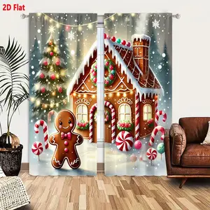 2D Flat 2 Piece Curtain Set, Whimsical Winter Christmas Gingerbread House Theme, White Icing Trim, Red & White Striped Door, Candy Cane Accents, Festive Green Wreath, Pink Flowers, Christmas Tree, Snowflakes, Cozy Glowing String Lights, Snowy Lands