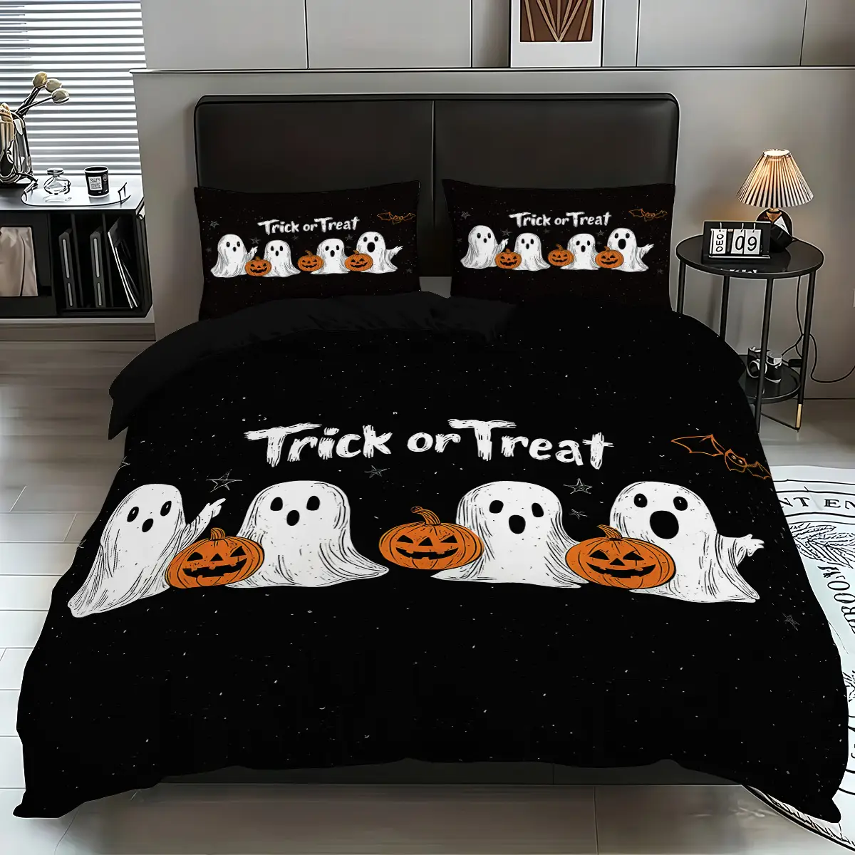 Halloween Bedding Set, Cute Ghost & Trick Design, Includes 1Duvet Cover & 2Pillowcases, Perfect for Bedroom Decor, Dorms, Hotels