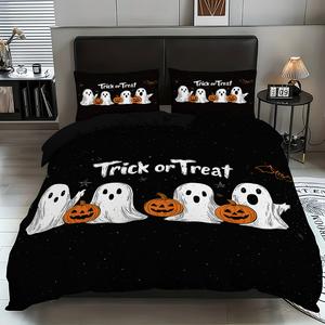 halloween bedding set, cute ghost & trick design, includes 1duvet cover & 2pillowcases, perfect for bedroom decor, dorms, hotels