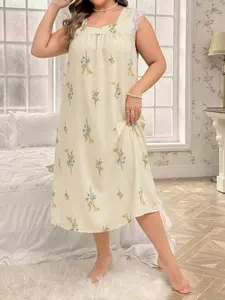 Bubble Cotton Summer Nightgown, Peach Color Leaf Pattern, Lace Trim, Loose Fit, Princess Style, Plus Size, Casual Home Wear, Loungewear, Nightwear