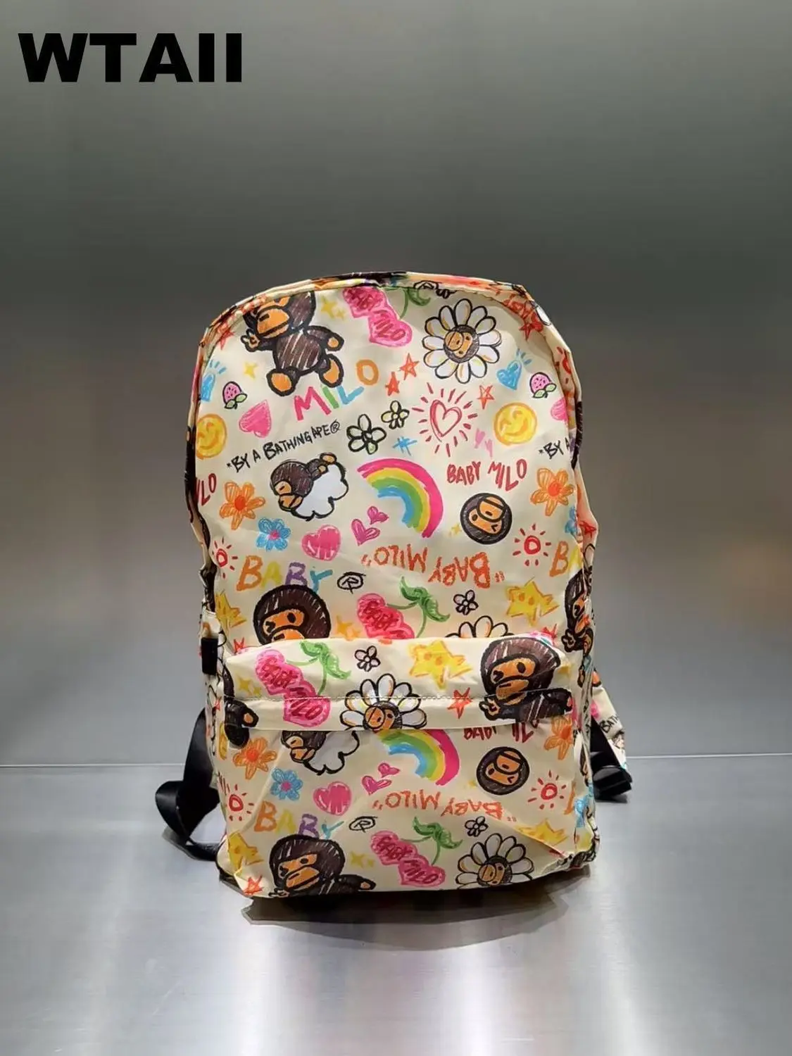 BEAD BABY Cute Cartoon Monkey Casual Sports Backpack with Print, Large Capacity, Graffiti Style, Student Schoolbag (Large Size)