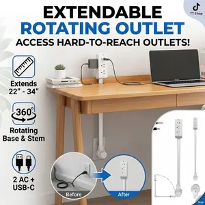 Extendable Rotating Outlet Extender with USB-C & 2 AC Ports | Adjustable Wall Plug Expander (22" to 34") | 360° Swivel Head | Perfect for Hard-to-Reach Outlets Behind Furniture, Bed, Sofa, Desk | Home & Office Space Saver
