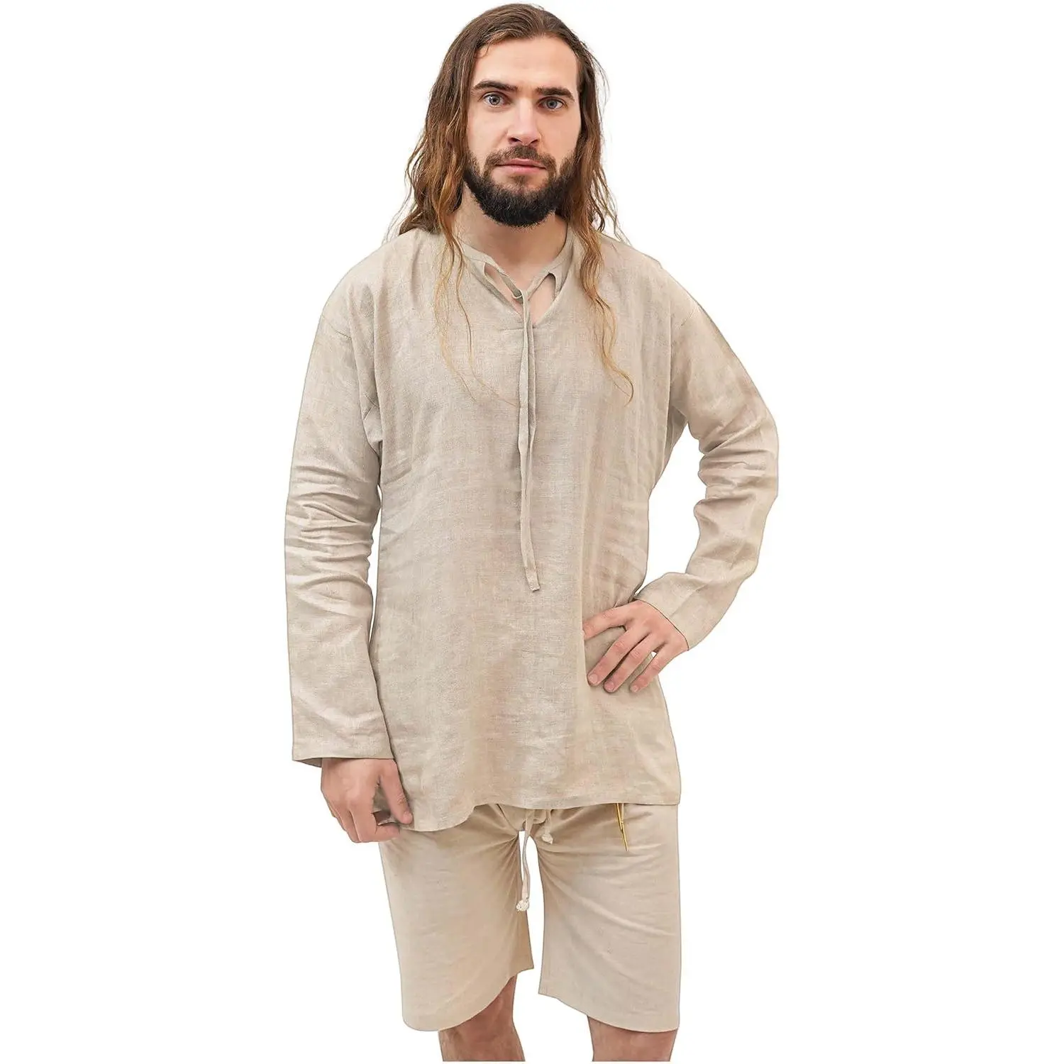 Mythrojan Waldemar Mens Medieval Linen-Cotton Blend Fabric Shirt - Menswear Plain Traditional Layer, Renaissance Tunic for LARP Cosplay