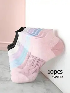 Invisible Breathable Mesh Anti-Slip Ankle Socks, Fashion Color Blocking, Suitable for All Seasons, 3/5 Pairs for Sports Shoes