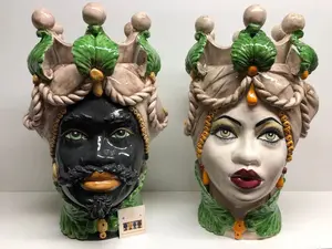 Moor's Heads Zefiro Caltagirone Ceramic cm H.43 L.26 Handcrafted Ecru Green Leaves