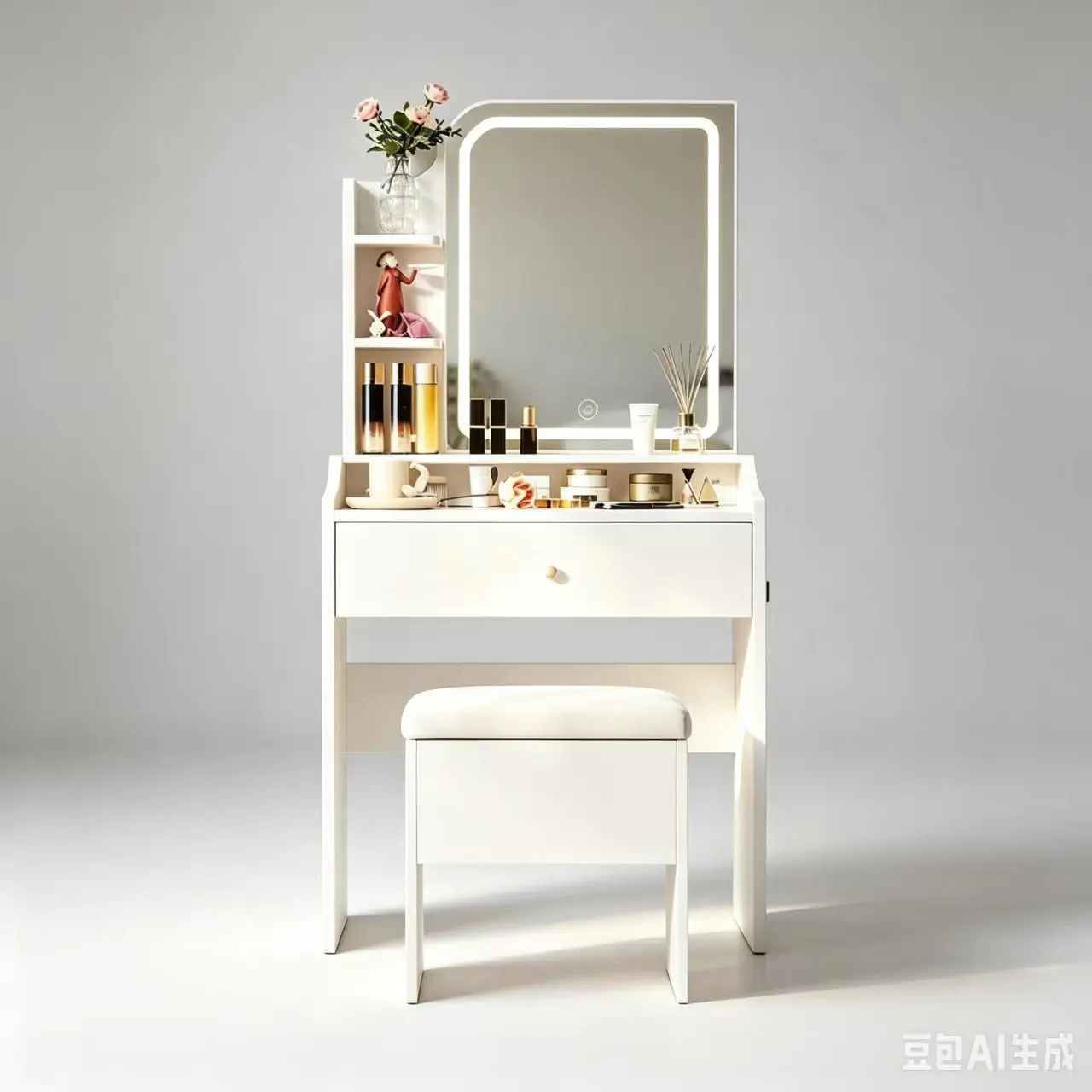 LIKIMIO Small White Glass-Top Makeup Vanity Desk Set with Lighted Mirror, Storage Drawers, 3 Shelves and Chair for Bedroom