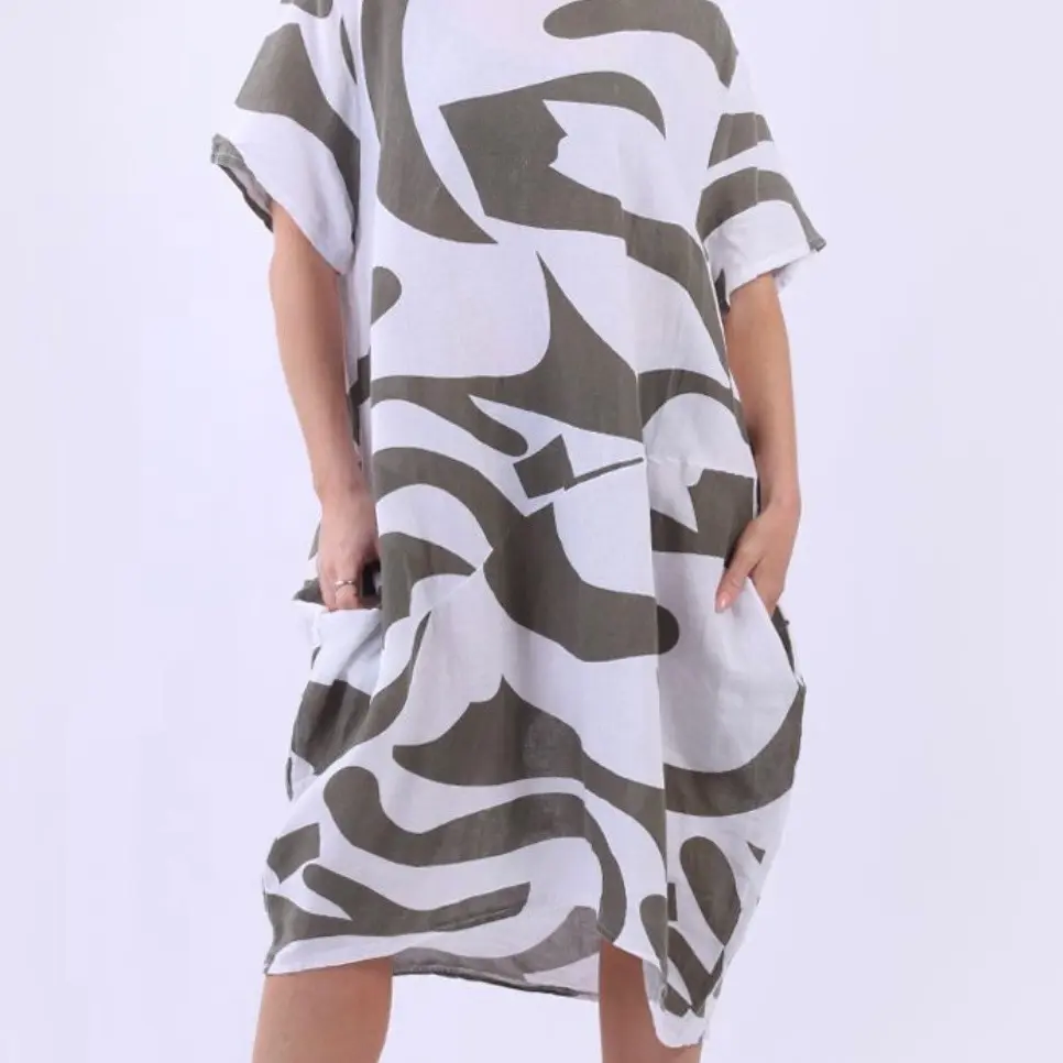 Italian abstract print linen midi dress