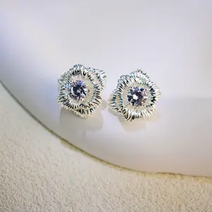 French Minimalist 18K Platinum Plated S925 Post 4Petal Floral Cubic Zirconia Stud Earrings Hypoallergenic Tarnishfree Daily Essential Jewelry Gift for Women Free Experess