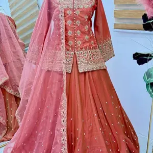 Women's Lengha Set Eid Collection Traditional Dress - Pink with Embroidered Lacing and Elegant Design for Casual Occasions - Womenswear