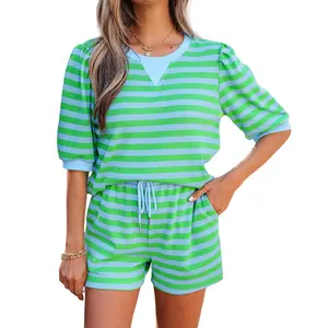Women's 2-Piece Green Stripe Puff Short Sleeve T-Shirt & Shorts Set, Womenswear Casual Clothing Set