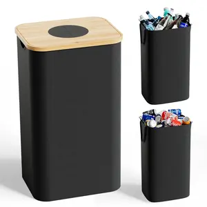 26 Gallon (100L) Indoor Kitchen Recycling Bin with Bamboo Lid Oxford Fabric Trash Can with 2 Removable Reusable Inner Bags for Bottle Can Glass Plastic Black