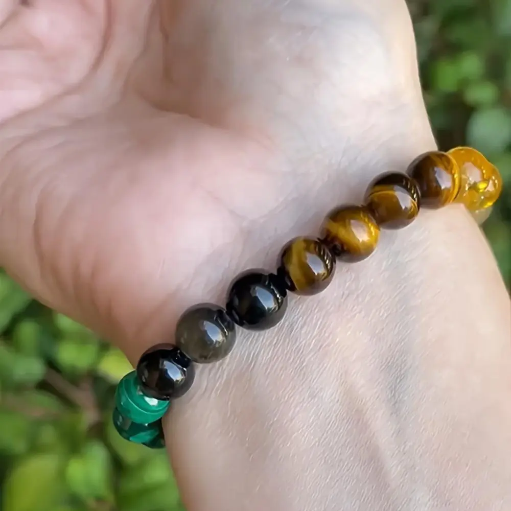 Wealth and Fortune Bracelet, Citrine, Green Aventurine and Malachite 8mm Crystal Beads, Unisex Stretch Manifestation Jewelry