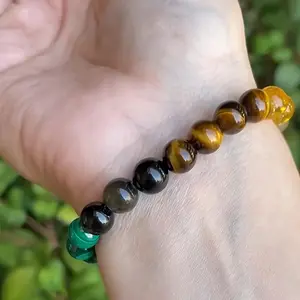 Wealth and Fortune Bracelet, Citrine, Green Aventurine and Malachite 8mm Crystal Beads, Unisex Stretch Manifestation Jewelry