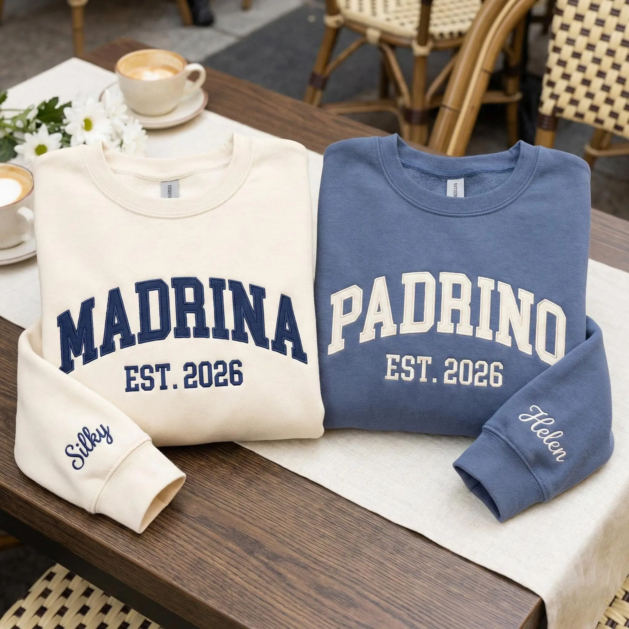 Embroidered Custom Godmother Godfather Sweatshirt, With Kid Name On Sleeve, Madrino Padrino Nina Nino Crewneck, Godparent Proposal Gift