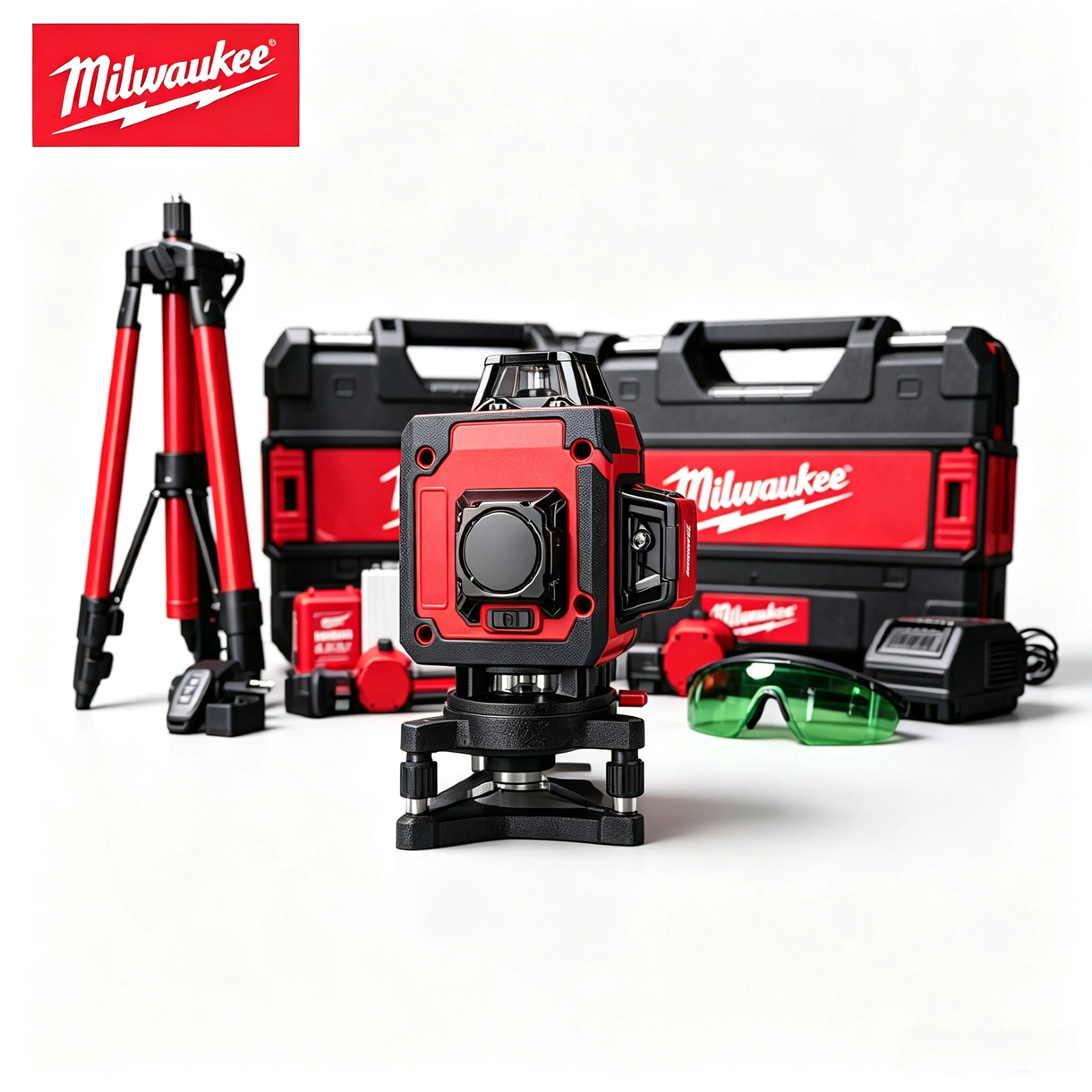 Milwaukee 16 Line 4D Green Beam Laser Level Kit For Drywall Hanging & Electrical Conduit With Floor Stand & Carry Bag
