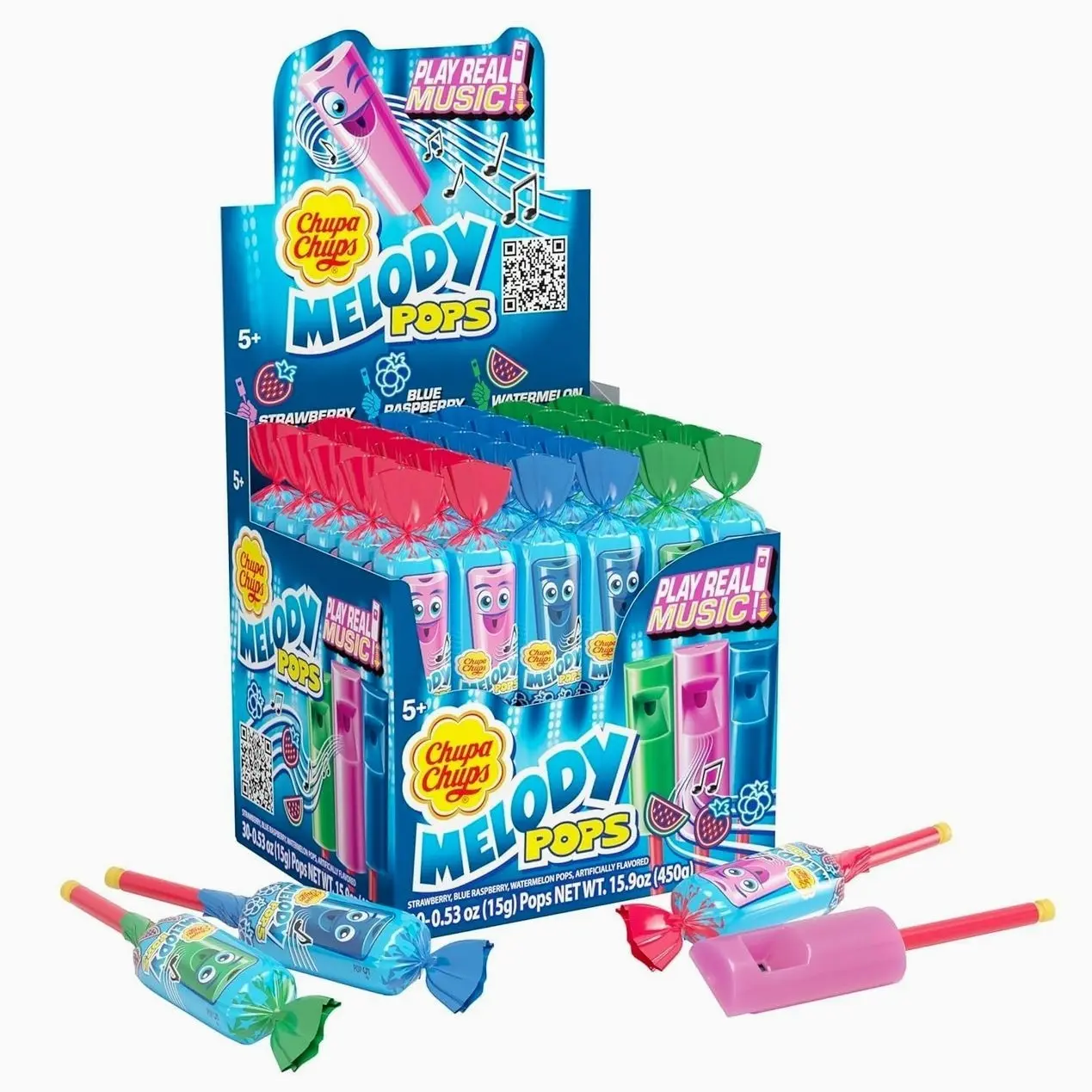 Chupa Chups Melody Pop Whistle Lollipops, Individually Wrapped Candy for Kids, Assorted Flavors, Fun Candy Suckers, Party Favor & Goodie Bags Stuffer for Kids Birthday, 30 Count