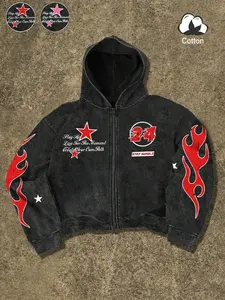 Unisex design, street style. Red flame print combined with a 24-digit hoodie with zipper. Long-sleeved hooded sweatshirt suitable for streetwear, 2000s fashion, perfect as a gift for friends, husbands, or boyfriends