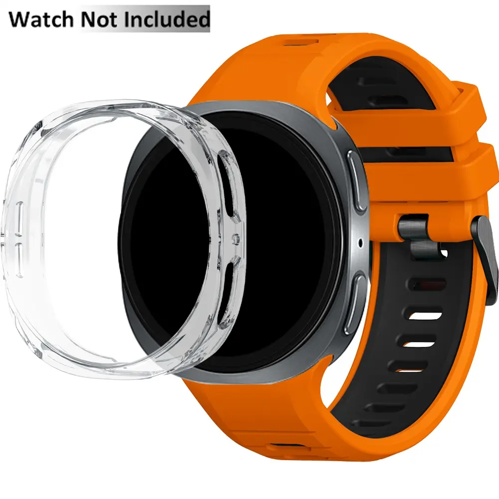 FFO2World Two-Tone Silicone Watch Band Compatible with Samsung Galaxy Watch 8 40mm 44mm Galaxy Watch 8 Classic 46mm, with a Hard PC Transparent Case Watch Protector – Premium Sport Band with Contrasting Colors Smartwatch Strap Smart Watch Accessories