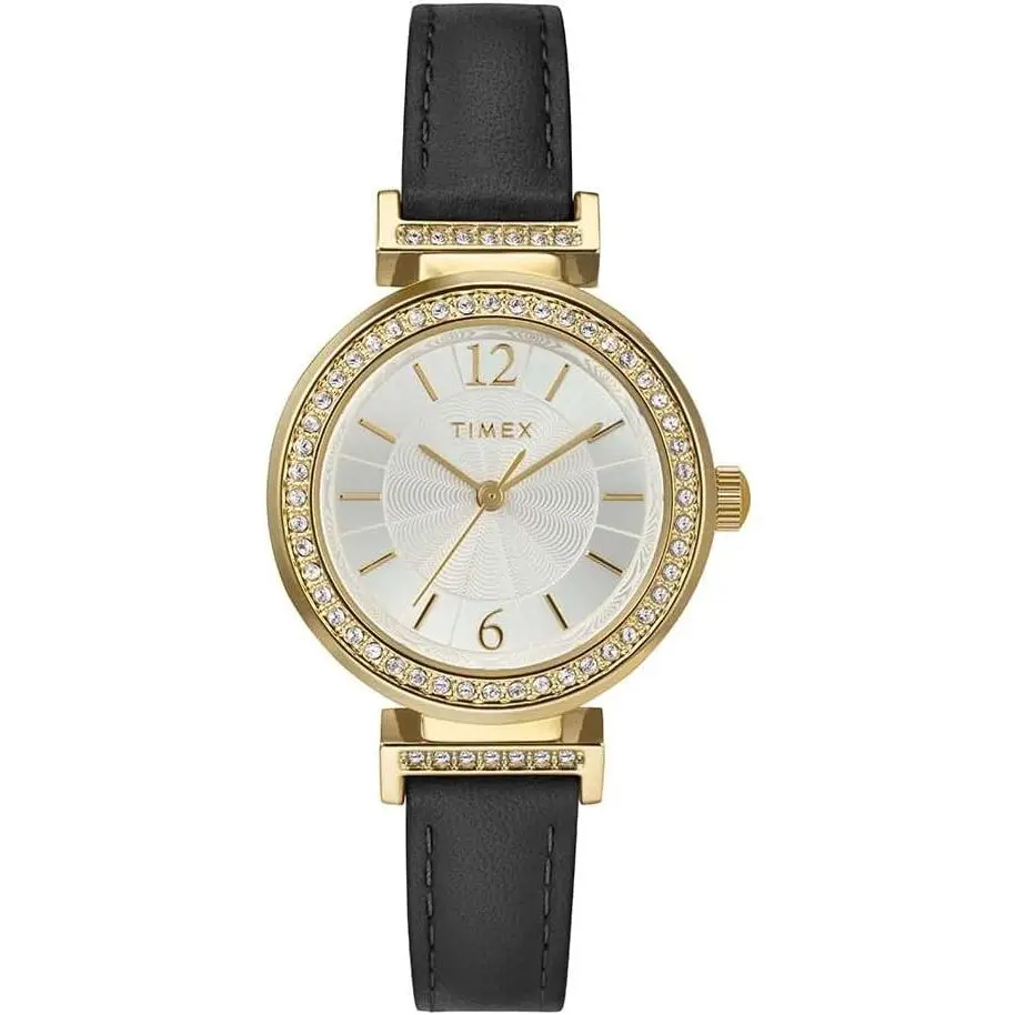 Timex Trend 31mm Black Leather Gold-Tone Ladies Watch TW2W48900, Dress Watch, Buckle