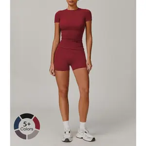 Women's Solid Ribbed Crop Tee & High Waist Skinny Shorts Set, Sporty Breathable Quick Drying for Yoga Gym Workout Running, Activewear, Athletic Tracksuit, Ladies Sportswear for All Seasons