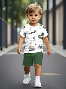 Boys' Printed Toddler Short Sleeve Set with All-over Tropical Sailboat and Coconut Tree Print, Casual Baby Kids' Outfit, T-shirt Suitable for Daily Wear and Outdoor Activities, 100% Polyester, Perfect Gift for Toddlers!