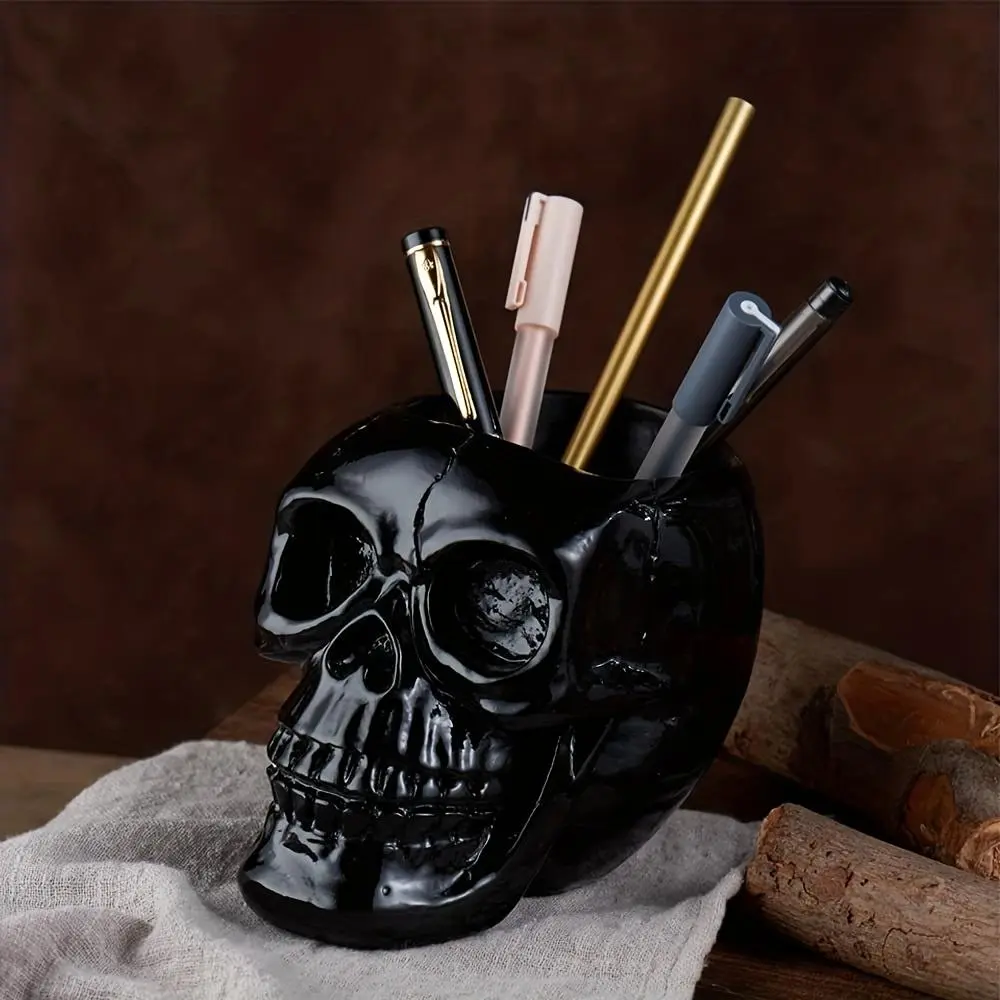 Skull Design Pen Holder 1 Count Creative Pen Pencil Holder Desk Organizer for Home Office School Halloween Black Skull Shape