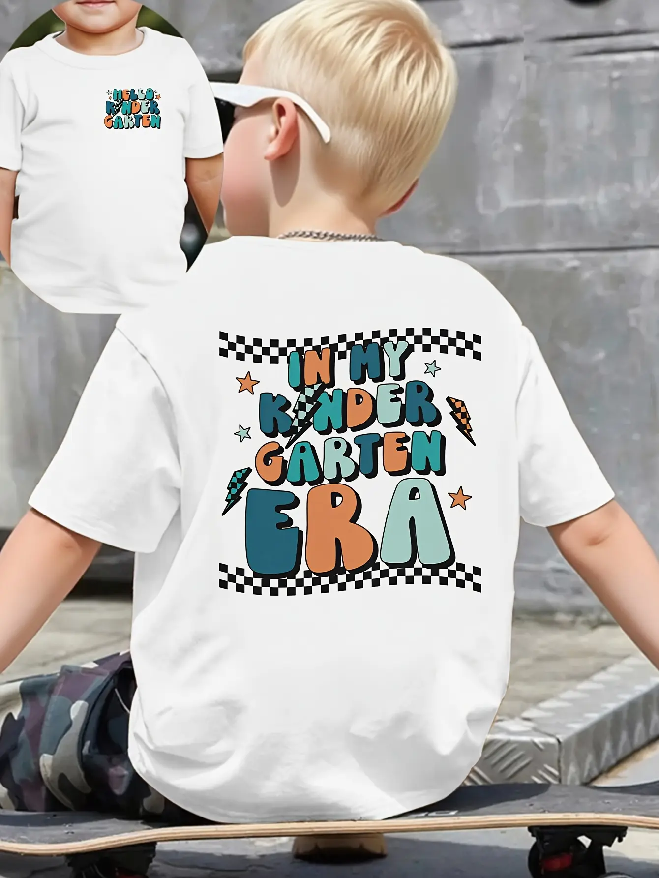PUEMCO Boys Short‑Sleeve T‑Shirt, In My Kindergarten Era Double‑Sided Print Checkered Lightning Star Graphic Toddler Boys Crew Neck Casual Tee