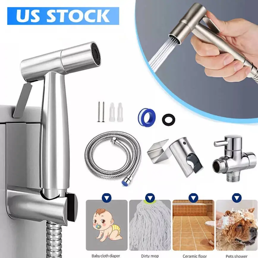 Stainless Steel Handheld Bidet Sprayer - Shattaf with Hose, Adjustable Jet Spray, Mounting Bracket, Toilet Bidet Attachments, Bathroom Fixture Accessory for Baby Cloth Diaper Cleaning, Ceramic Floor Rinsing