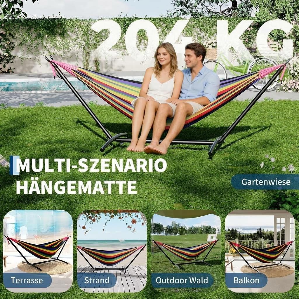 Garvee Double Hammock with Steel Stand, 2-Person Portable Indoor/Outdoor Hammock Set - Space-Saving Heavy-Duty Frame, Easy Assembly, Carrying Bag, 450 lb Capacity - Rainbow Stripes Garvee Double Hammock with Steel Stand, 2-Person Portable Indoor/Outdoor Hammock Set - Space-Saving Heavy-Duty Frame, Easy Assembly, Carrying Bag, 450 lb Capacity - Rainbow Stripes