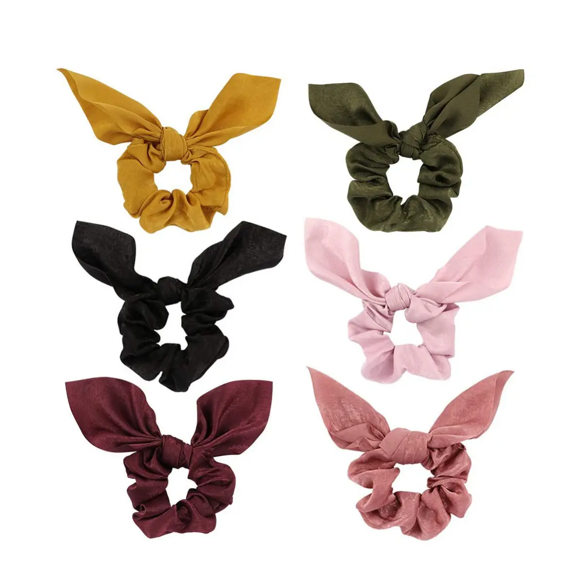 Women's 6PCS Satin Silk Scrunchies - Bunny Ear Hair Ties with Bows, Ponytail Holders for Thick Hair