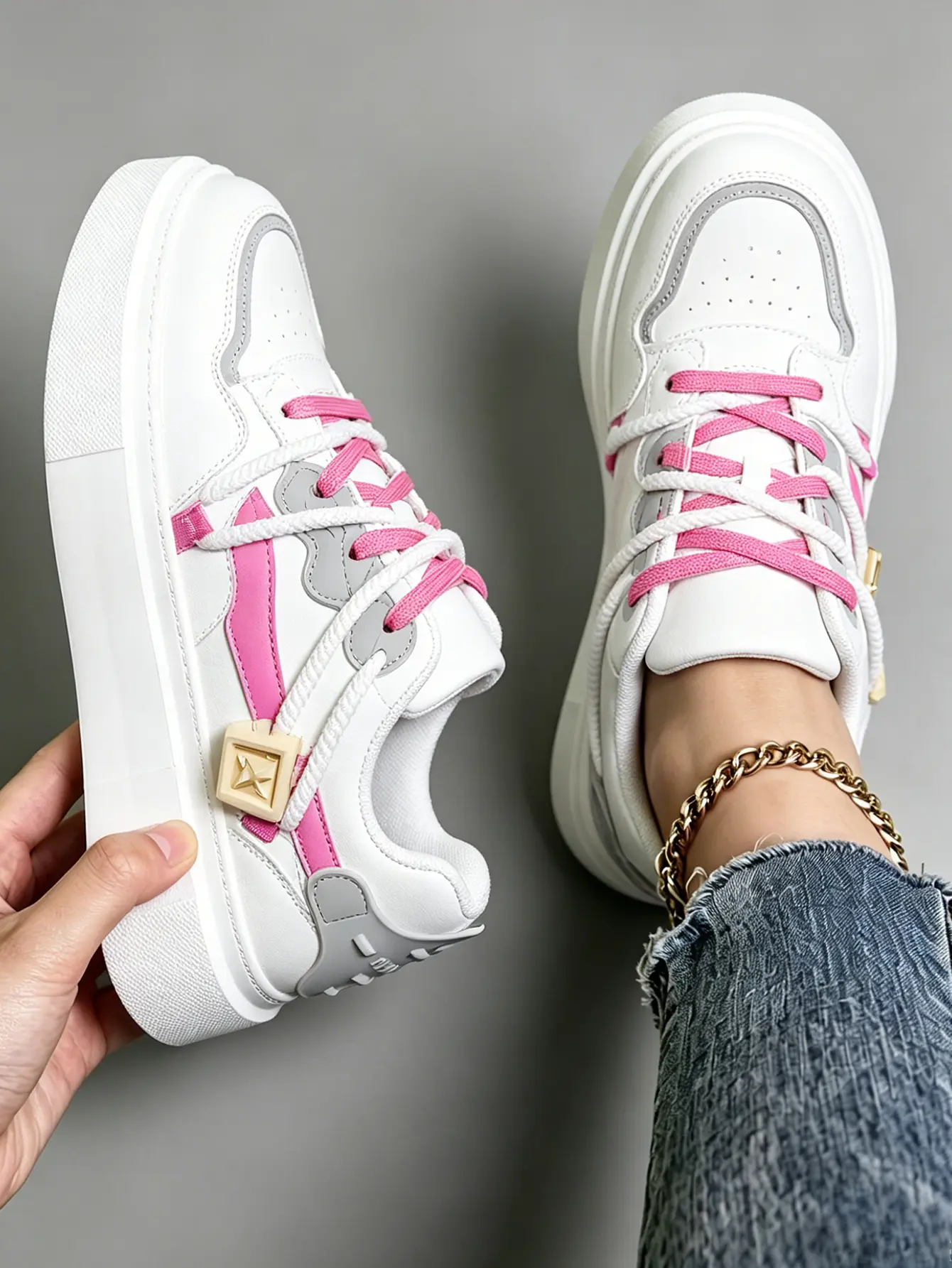 Women’s Color Block Platform Skate Sneakers - White, Hot Pink, Grey, Dual Laces, Square Star Buckle, Trendy Preppy Leather Casual Shoe Trainer for Walking