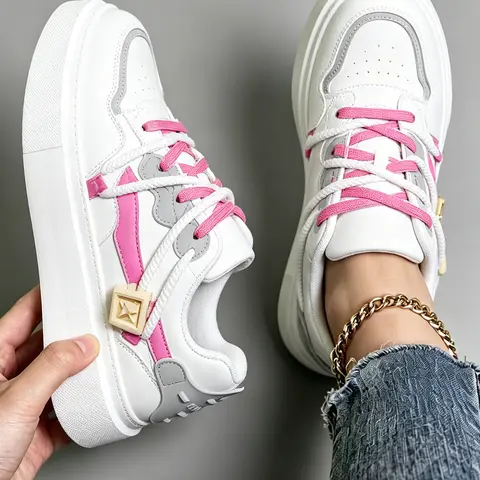 Women’s Casual Color Block Platform Skate Sneakers - Women's Shoes, Platform Lift, Stable Block Midsole, Wet-Floor Grip, White/Hot Pink/Grey, Dual Laces, Square Star Buckle, Preppy PU Leather Aesthetic, Round Toe, Ankle, Waterproof Daily Walking Trainers