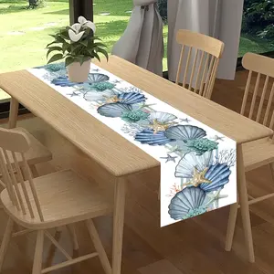 Coastal Table Runner, Nautical Starfish Coral Shell Beach Ocean Decorative Cloth, Summer Indoor Outdoor Party Restaurant Decoration, 13x72 Inches