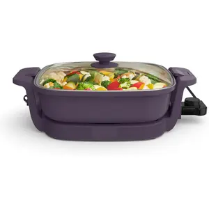 12x12 in Square Electric Skillet - Corded Fits-anywhere™ Space Saver Kitchenware, EverGood™ Ceramic Coating, Temp Adjust, Cast Aluminum Base, 1200 W, Dishwasher-Safe Tempered Glass Lid, Plum, Ideal for Family Meals