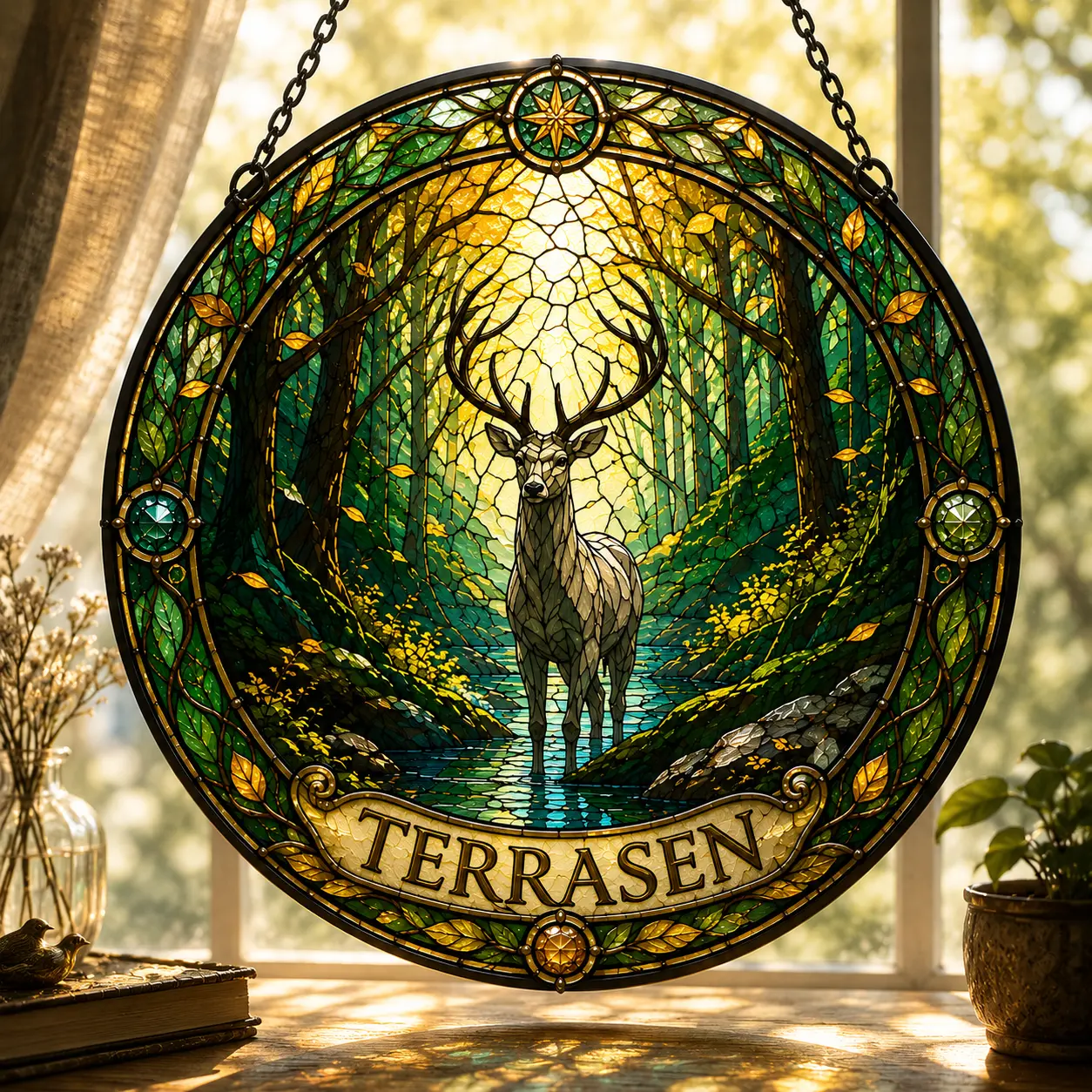 Throne of Glass Suncatcher | Terrasen Lord of the North Window Hanging Decor | Sarah J. Maas Faux Stained Glass Art | Aelin Galathynius Stag Merch | Ultimate Romantasy Gift for BookTok Readers