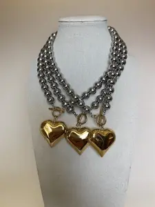 Love necklace, two tone, Chunky heart, stainless steel 18k