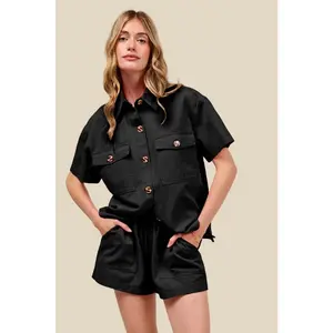SO ME Cotton Button Down Denim Top and Shorts Set