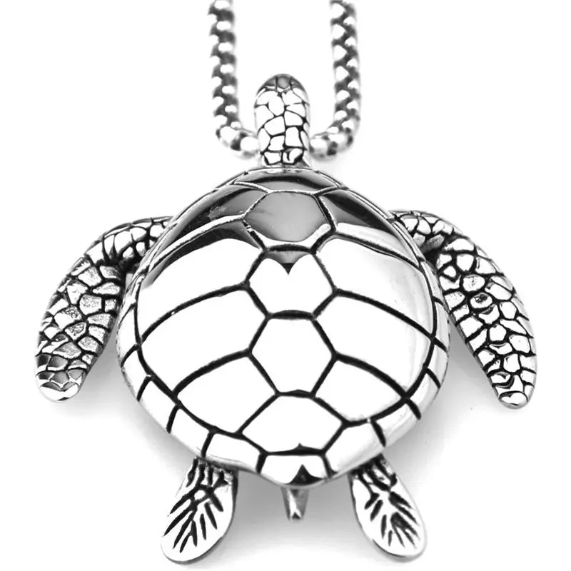 Large Silver Sea Turtle Pendant Necklace Stainless Steel Big Jewelry Men, Womans