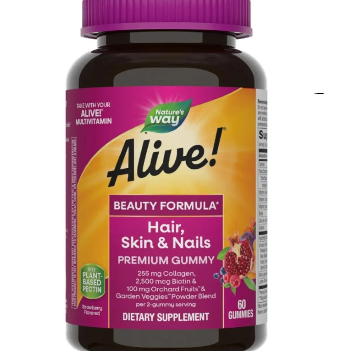 Nature's Way Alive! Hair, Skin & Nails Premium Gummies, Beauty Formula*, with Collagen, Biotin, Vitamins C & E, Strawberry Flavored, 60 Gummies
