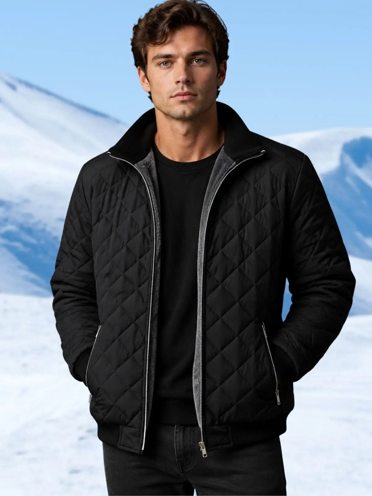 Men's Casual Diamond Quilted Baseball Jacket, Stylish Fleece-Lined Winter Coat with a Stand Collar, Menswear, Coats, Tops