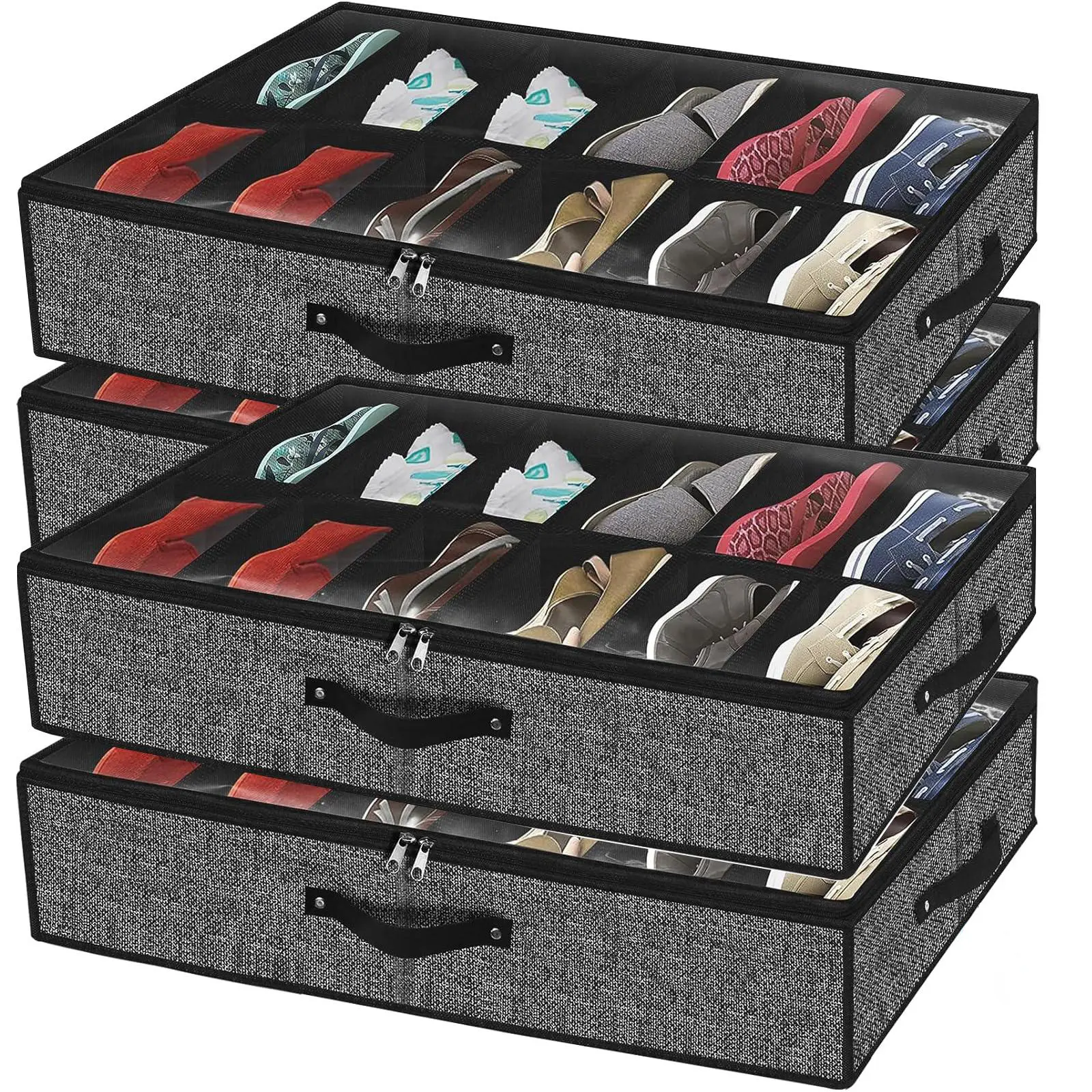 Closet Under Bed Shoe Organizer Fits 24 Pairs - Sturdy Under Bed Shoe Organizer, Set of 4 (Linen Black)